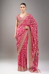 Shop_Kalighata_Pink Zari, Embroidery, Beads V-neck Rani Bandhej Saree With Blouse _Online_at_Aza_Fashions