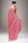 Shop_Kalighata_Pink Zari, Embroidery, Beads V-neck Rani Bandhej Saree With Blouse _at_Aza_Fashions