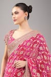 Kalighata_Pink Zari, Embroidery, Beads V-neck Rani Bandhej Saree With Blouse _at_Aza_Fashions