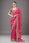 Buy_Kalighata_Pink Zari, Embroidery, Beads V-neck Rani Bandhej Saree With Blouse _at_Aza_Fashions