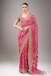 Buy_Kalighata_Pink Zari, Embroidery, Beads V-neck Rani Bandhej Saree With Blouse 