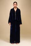 AK-OK_Blue Velvet Collared Jacket And Trouser Set _at_Aza_Fashions