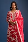 Anushree Reddy_Red Embroidery Split V-neck Pearl Work Kurta Set _at_Aza_Fashions