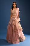 Buy_Tarun Tahiliani_Pink Embroidery V-neck Layered Lehenga Set With Drape_at_Aza_Fashions