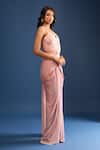 Shop_Tarun Tahiliani_Pink Tulle Sequins, Crystals Sweetheart Neck Crinkle Draped Saree And Blouse _Online_at_Aza_Fashions