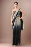 Buy_Samyukta Singhania_Black Satin Sequins Sweetheart Neck Grey Pre-draped Saree Set _at_Aza_Fashions