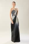 Samyukta Singhania_Black Satin Sequins Sweetheart Neck Grey Pre-draped Saree Set _at_Aza_Fashions