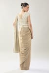Shop_Samyukta Singhania_Beige Chinon Beads V-neck Embellished Pre-draped Saree Set _at_Aza_Fashions