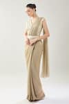 Buy_Samyukta Singhania_Beige Chinon Beads V-neck Embellished Pre-draped Saree Set _Online_at_Aza_Fashions