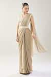 Buy_Samyukta Singhania_Beige Chinon Beads V-neck Embellished Pre-draped Saree Set 