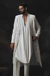 Nikhil Thampi_White Crepe Embroidery 3d Floral Sherwani Set _Online_at_Aza_Fashions