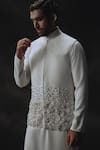 Shop_Nikhil Thampi_White Crepe Fabric Flowers, Embroidery Designer Nehru Jacket Set _Online_at_Aza_Fashions