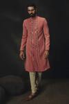 Buy_Nikhil Thampi_Pink Linen Beads, Embroidery Designer Sherwani Set _at_Aza_Fashions