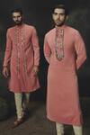 Shop_Nikhil Thampi_Pink Linen Beads, Embroidery Designer Sherwani Set _at_Aza_Fashions