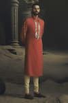 Buy_Nikhil Thampi_Orange Velvet, Voile Embroidery Rust Metallic Bead Sherwani Set _at_Aza_Fashions