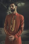 Shop_Nikhil Thampi_Orange Velvet, Voile Embroidery Rust Metallic Bead Sherwani Set _at_Aza_Fashions