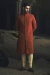 Buy_Nikhil Thampi_Rust Embroidery Metallic Bead Sherwani Set _at_Aza_Fashions