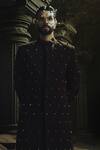 Shop_Nikhil Thampi_Brown Linen Embroidery Cocoa Gold Sherwani Set _at_Aza_Fashions