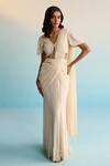 Buy_House Of Armuse_Ivory Organza, Satin Cut Work, Sequins V-neck Pre-draped Saree And Blouse Set _at_Aza_Fashions