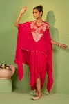 Buy_House Of Armuse_Pink Crepe Embroidery Round Neck Lumina Hot Kaftan Top And Skirt Set _at_Aza_Fashions