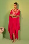 House Of Armuse_Pink Crepe Embroidery Round Neck Lumina Hot Kaftan Top And Skirt Set _Online_at_Aza_Fashions
