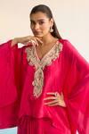 House Of Armuse_Pink Crepe Beads, Embroidery V-neck Iridessa Hot Kaftan Set _at_Aza_Fashions