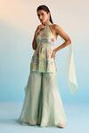 House Of Armuse_Mint Organza Sequins Halter Neck Ocean Breeze Sharara Set _at_Aza_Fashions