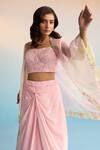 Shop_House Of Armuse_Pink Crepe Embroidery, Cut Work Blush Cape And Skirt Set _Online_at_Aza_Fashions