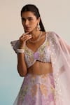 Shop_House Of Armuse_Purple Organza Sequins, Cut Work V-neck Handpainted Lehenga Set _Online_at_Aza_Fashions
