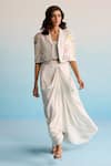 Buy_House Of Armuse_Gray Crepe Sequins, Cut Work Collared, Floral Embroidered Jacket And Skirt Set 