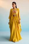 Shop_House Of Armuse_Mustard Silk Sequins, Cut Work Round Neck Yellow Meher Cape Set _at_Aza_Fashions