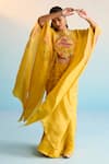 Shop_House Of Armuse_Mustard Silk Sequins, Cut Work Round Neck Yellow Meher Cape Set _Online_at_Aza_Fashions