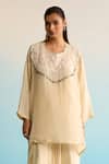 Buy_House Of Armuse_Beige Crepe Mirrors, Pearls Round Neck Work Kurta Skirt Set _Online_at_Aza_Fashions