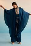 House Of Armuse_Teal Satin, Silk High Neck Kia Handpainted Kaftan Set _Online_at_Aza_Fashions