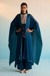 Buy_House Of Armuse_Teal Satin, Silk High Neck Kia Handpainted Kaftan Set _at_Aza_Fashions