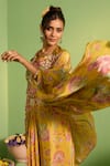 Buy_House Of Armuse_Yellow Silk Pearls, Beads V-neck Zivara Printed Cape Set _Online_at_Aza_Fashions