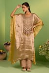 Buy_House Of Armuse_Gold Tissue Embroidery, Sequins Round Neck Itya Kaftan Set _at_Aza_Fashions