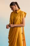 House Of Armuse_Yellow Crepe Embroidery Collared, Round Neck Amruta Elegant Drape Saree Set _at_Aza_Fashions