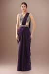 Buy_Samyukta Singhania_Purple Chinon Embroidery V-neck Pre-draped Saree Set _at_Aza_Fashions