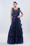 Buy_Samyukta Singhania_Blue Net Embroidery, Sequins Scoop Neck Lehenga Set 
