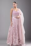 Buy_Samyukta Singhania_Pink Net Embroidery, Sequins V-neck Lehenga Set _at_Aza_Fashions