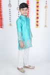 Little Brats_Green Satin, Cotton, Silk Embroidery Peacock Kurta Set _Online_at_Aza_Fashions