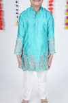 Shop_Little Brats_Green Satin, Cotton, Silk Embroidery Peacock Kurta Set _Online_at_Aza_Fashions