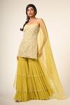 Buy_Couture By Niharika_Yellow Organza, Viscose, Georgette Embroidery, Pearls Round Kurta Sharara Set _at_Aza_Fashions