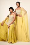 Buy_Couture By Niharika_Yellow Organza, Viscose, Georgette Embroidery, Pearls Round Kurta Sharara Set _Online_at_Aza_Fashions