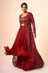 Couture By Niharika_Red Organza, Net Embroidery, Cut Work Round Neck And Jacket Skirt Set _Online_at_Aza_Fashions