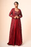 Buy_Couture By Niharika_Red Organza, Net Embroidery, Cut Work Round Neck And Jacket Skirt Set _Online_at_Aza_Fashions