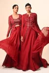 Shop_Couture By Niharika_Red Organza, Net Embroidery, Cut Work Round Neck And Jacket Skirt Set _Online_at_Aza_Fashions