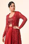 Buy_Couture By Niharika_Red Organza, Net Embroidery, Cut Work Round Neck And Jacket Skirt Set 