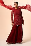 Buy_Couture By Niharika_Red Viscose, Georgette, Net Beads Round Neck Embellished Kurta Sharara Set _Online_at_Aza_Fashions